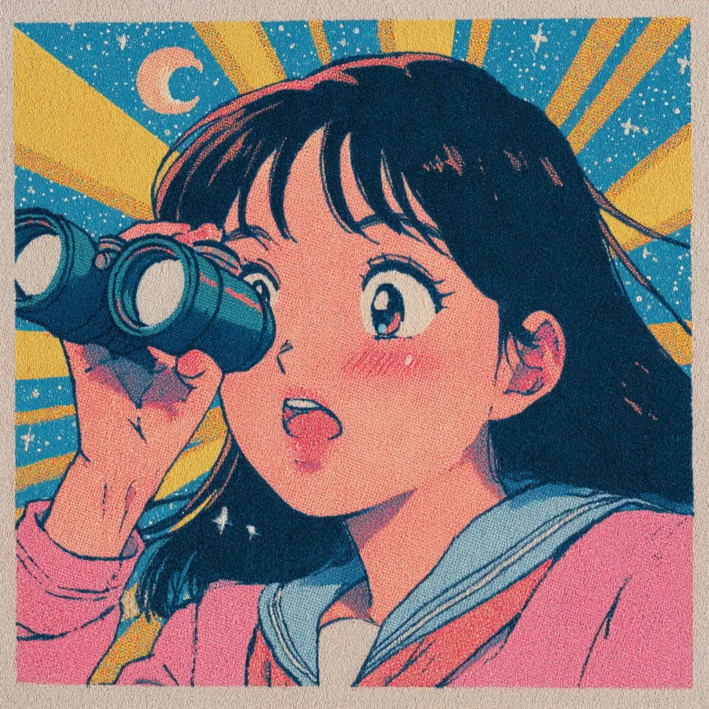 A vibrant, retro-styled illustration depicts a young anime girl with dark hair, holding binoculars.  She gazes intently, her expression a blend of surprise and wonder. The background features a sunburst effect against a night sky with a crescent moon, creating a nostalgic and dreamy atmosphere. The art style is reminiscent of vintage anime and manga.