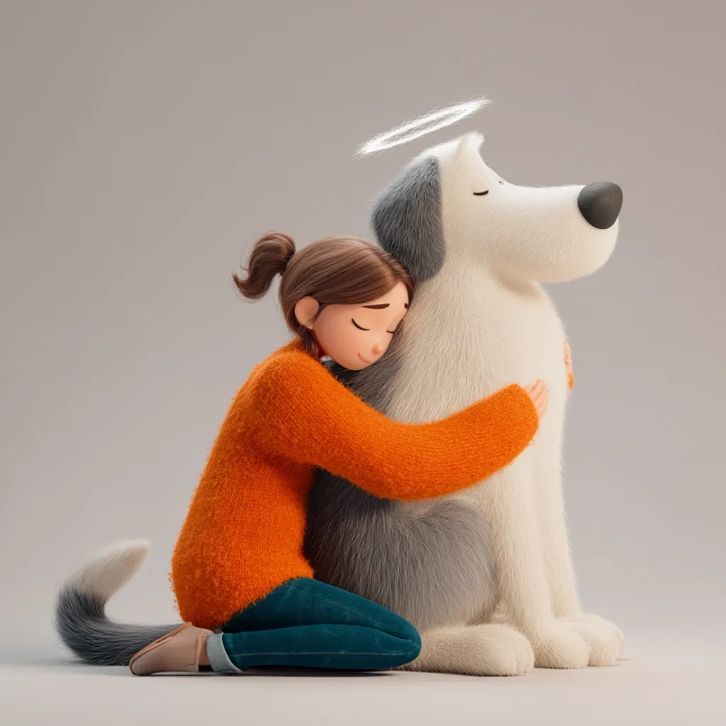 A heartwarming 3D render depicts a girl kneeling and embracing a large, fluffy dog.  The dog, with a halo above its head, appears serene. The girl wears an orange sweater and blue jeans, her expression gentle and loving as she hugs the dog tightly. The overall tone is one of affection and possibly remembrance or loss. The muted background enhances the emotional focus on the tender embrace.