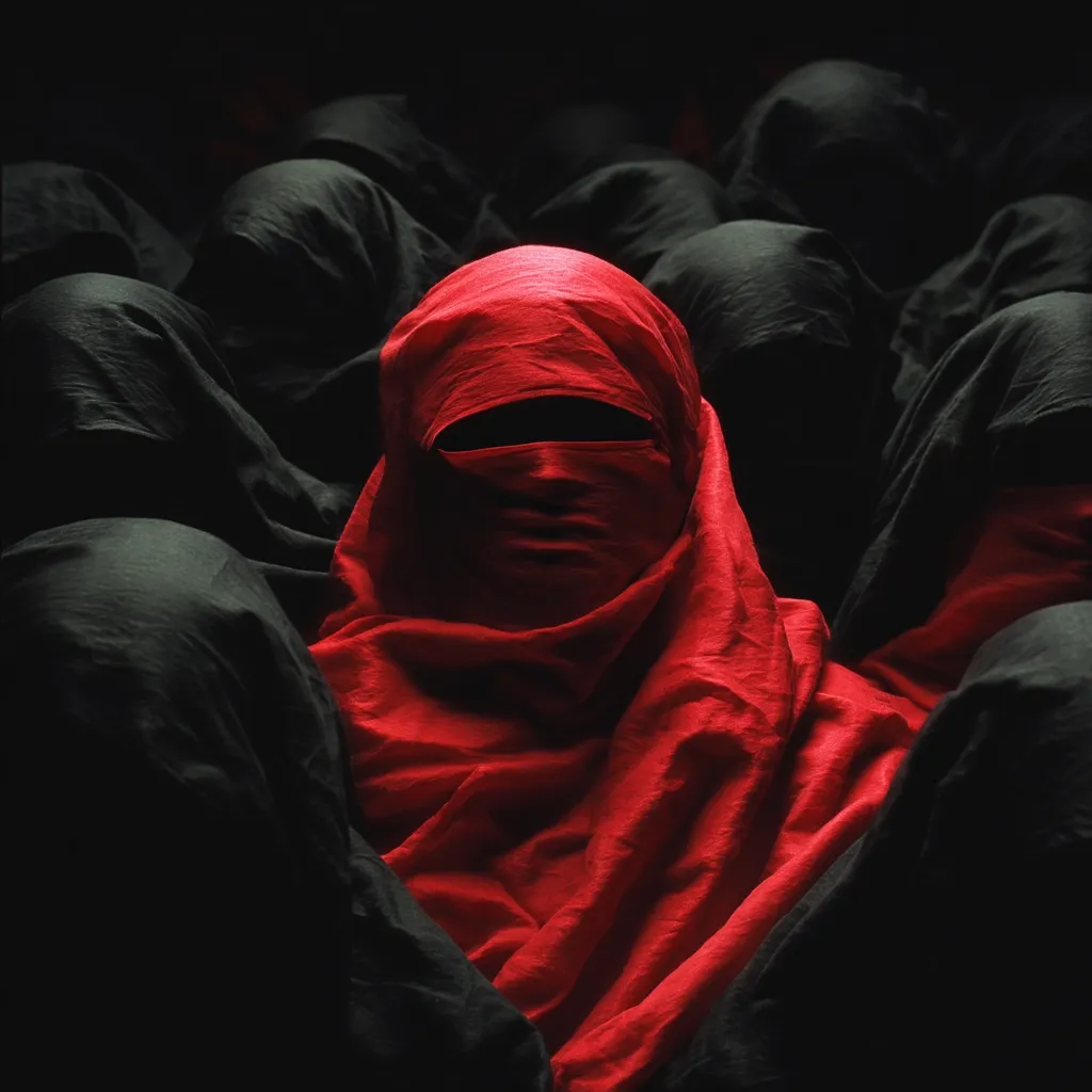 A single figure, cloaked in vibrant red fabric that obscures their face, is surrounded by a multitude of individuals draped in dark, shadowy garments. The stark contrast between the red and black creates a powerful visual impact, suggesting themes of individuality, anonymity, or rebellion. The image's overall mood is mysterious and intense.