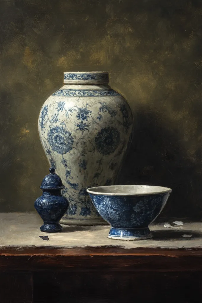 A still life painting showcases three pieces of blue and white porcelain against a dark brown background.  A large vase dominates the center, flanked by a smaller, lidded jar to its left and a footed bowl to its right.  The porcelain's intricate floral patterns are sharply defined, highlighting the subtle play of light and shadow.  The scene is set on a dark wooden table, adding depth to the composition.  A few white petals lie scattered near the bowl.