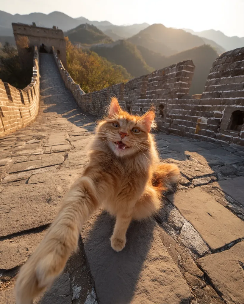 A playful ginger cat sits on the Great Wall of China, extending a paw towards the camera in a playful gesture.  The ancient wall stretches into the distance, mountains forming a hazy backdrop bathed in the warm light of either sunrise or sunset. The cat's expression is cheerful and inviting, creating a whimsical contrast between the historical landmark and the feline companion.
