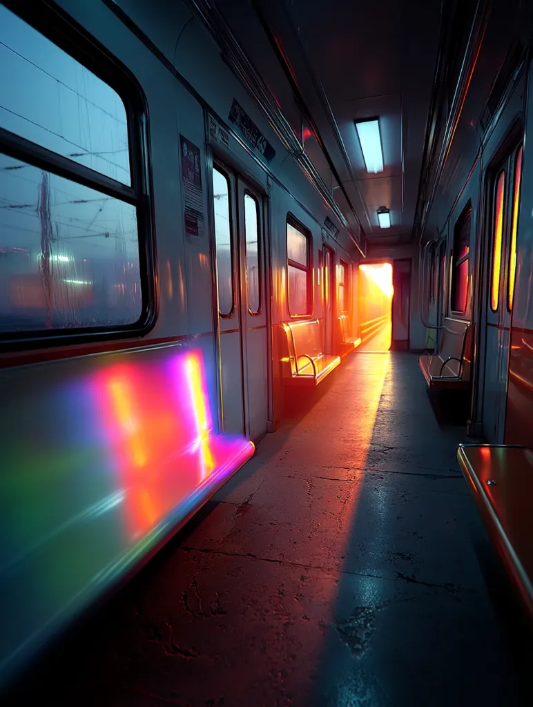 A long, empty subway car is bathed in the warm glow of a sunrise.  Rain streaks the windows, reflecting the vibrant hues of the setting sun.  Seats line the aisle, their metallic surfaces shimmering with iridescent light. The atmosphere is serene yet dramatic, highlighting the contrast between the dim interior and the bright exterior.  The end of the car is open, revealing a glimpse of the outside world.