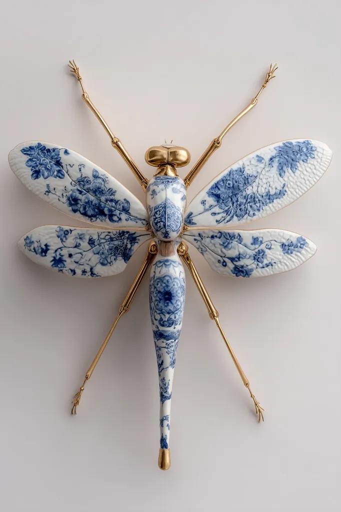 A meticulously crafted dragonfly sculpture is showcased. Its body and wings are adorned with exquisite blue and white porcelain detailing, reminiscent of traditional Chinese porcelain artistry.  The delicate wings are intricately patterned, while slender, gold-toned metal legs extend gracefully.  The overall effect is one of elegance and delicate artistry.