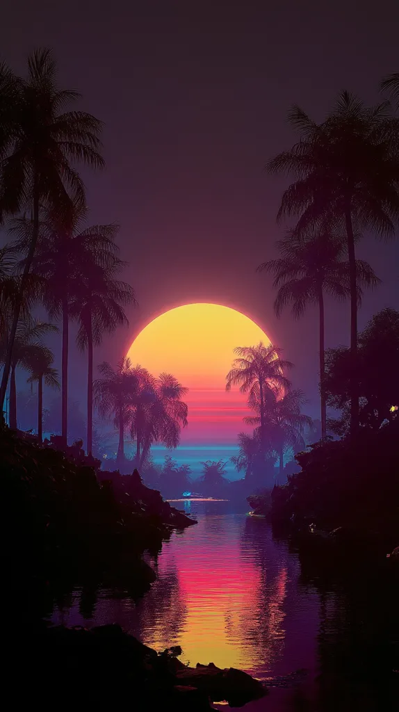 A vibrant sunset casts a warm, orange and pink glow over a tranquil lagoon. Silhouetted palm trees line the banks, their fronds gently swaying. The water reflects the intense colors of the sky, creating a serene and idyllic tropical scene.  The overall aesthetic is synthwave, with a retro-futuristic feel.