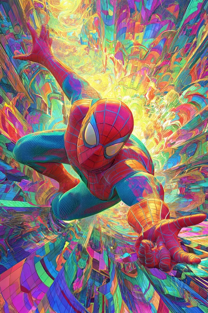 A vibrant, psychedelic rendition of Spider-Man is depicted in dynamic motion.  The superhero is rendered in a kaleidoscopic style, with his suit exhibiting a spectrum of intense colors.  The background is a swirling vortex of multicolored geometric shapes and lines, creating a sense of speed and energy. The overall effect is a surreal and visually striking image.