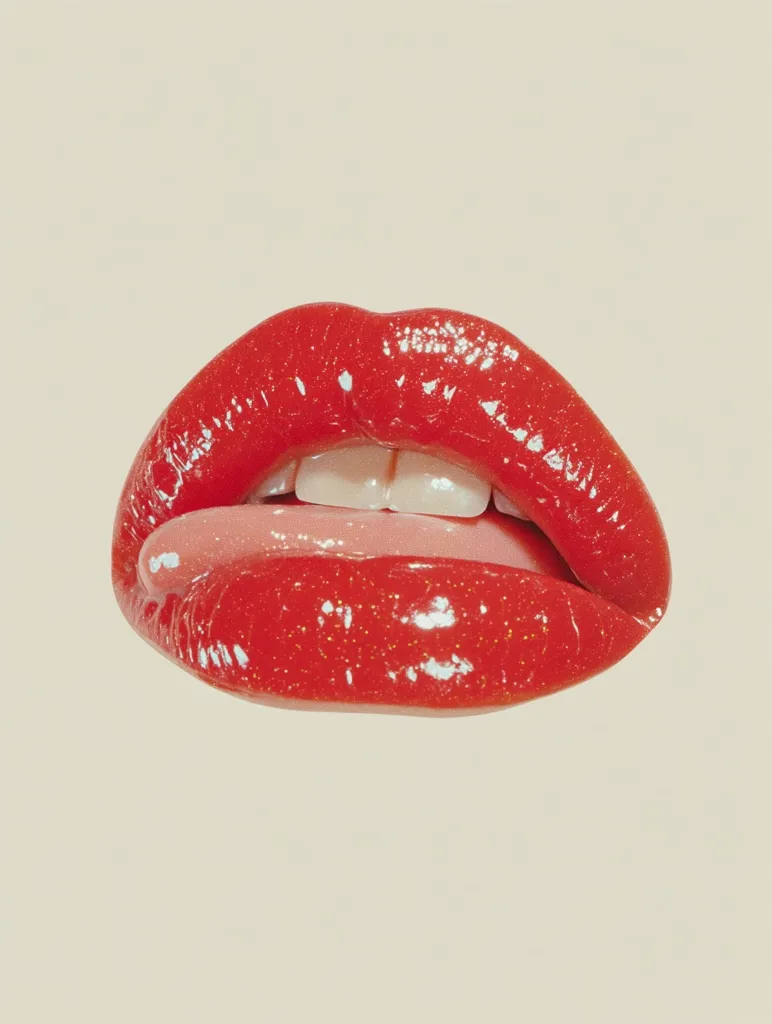 Close-up of a pair of full lips wearing glossy, red lipstick.  The lips are slightly parted, revealing a hint of tongue and teeth.  The image is sharply focused, highlighting the texture and shine of the lipstick. The background is a muted beige, drawing attention solely to the vibrant red lips.