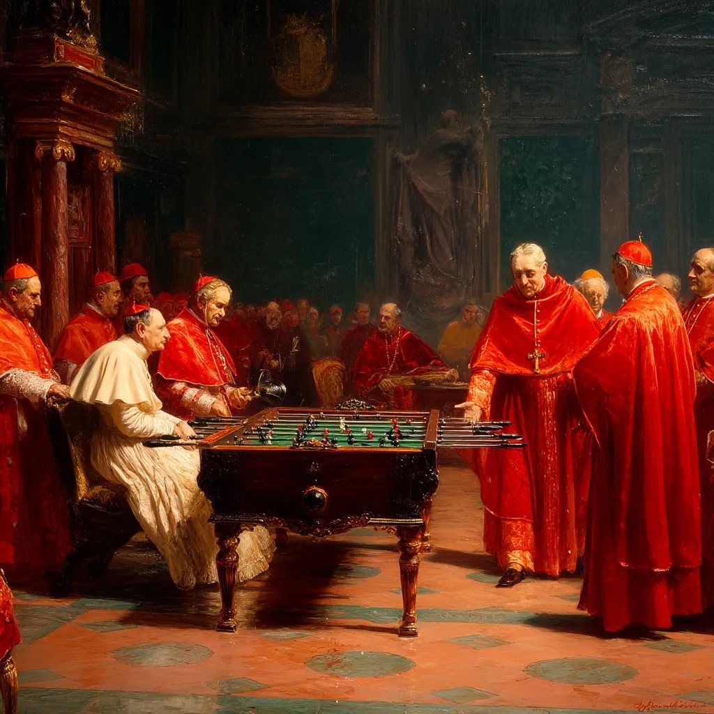 The painting depicts a group of cardinals, dressed in vibrant red robes, gathered around a foosball table in a richly decorated hall.  The central figures are actively playing the game, while others watch intently.  The scene contrasts the solemnity of the cardinals' attire with the playful nature of the game, creating a unique and captivating juxtaposition. The background features architectural details and further figures, enhancing the grandeur of the setting.