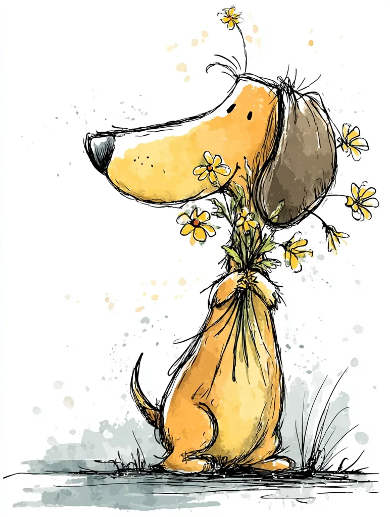 A whimsical illustration of a dachshund-like dog holding a bouquet of yellow flowers.  The dog is drawn in a loose, expressive style with watercolor washes of yellow and brown, giving it a playful, slightly cartoonish appearance.  The flowers add to the cheerful, heartwarming feel of the image. The background is simple, with a few splashes of color suggesting grass and a subtle watercolor effect.