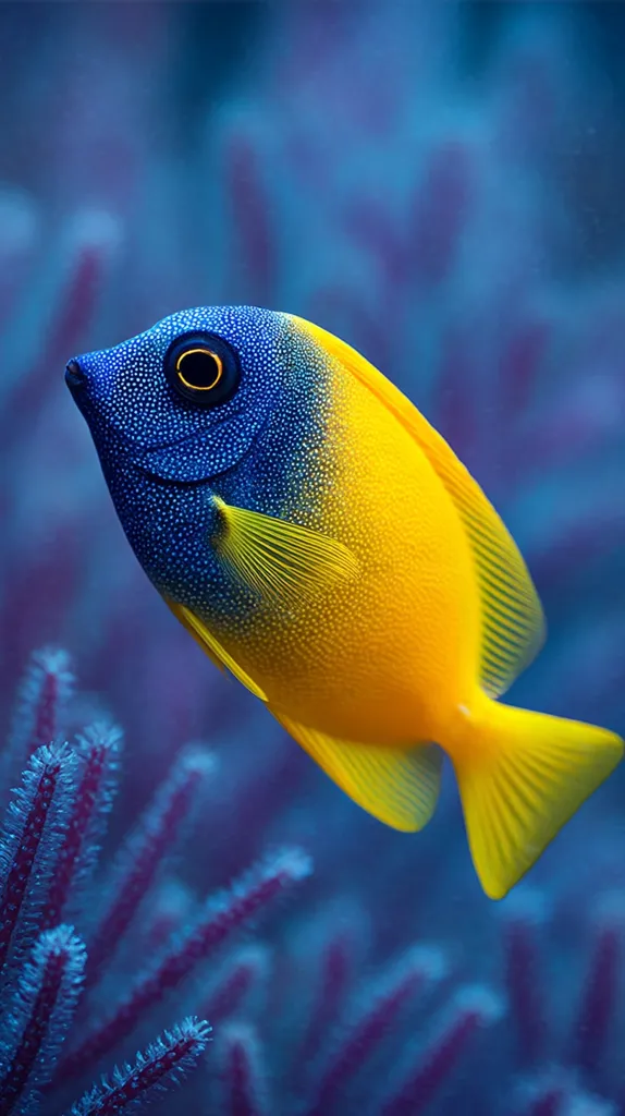 A vibrant yellow and blue fish, possibly a species of angelfish, swims gracefully through a deep blue underwater scene.  Its body is predominantly bright yellow, transitioning to a rich blue on its head and upper body.  The fish's large, dark eye is prominent.  The background features blurry purple coral, creating a stunning contrast with the fish's vivid colors.
