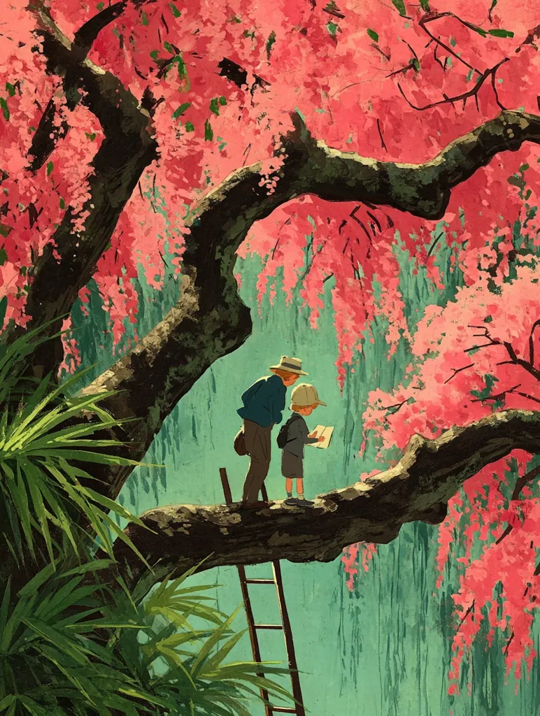 A whimsical illustration depicts a father and son standing on a large tree branch, under a canopy of vibrant pink blossoms.  The boy holds a map, suggesting exploration. A rustic ladder leans against the tree trunk, adding to the scene's charm. Lush green foliage frames the base of the tree, contrasting beautifully with the bright pink flowers and the tranquil teal background. The style is reminiscent of children's book illustrations.