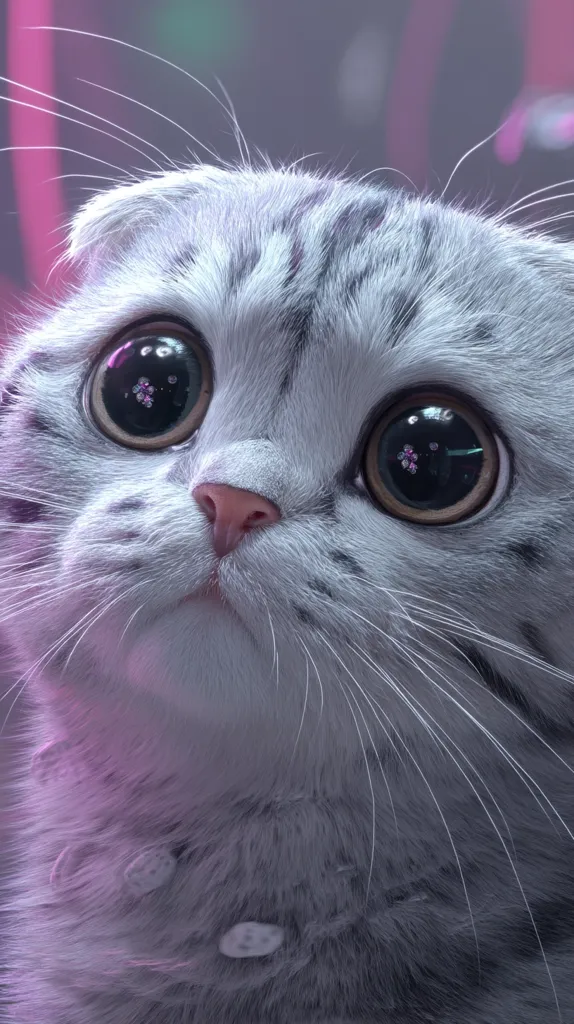 A close-up shot of an adorable grey Scottish Fold kitten with large, expressive eyes.  Its soft fur is highlighted, and its pink nose is clearly visible. The kitten looks upward, creating a sweet and innocent expression.  A blurry background suggests a soft, possibly artificial, lighting.  The overall image is highly stylized and charming.