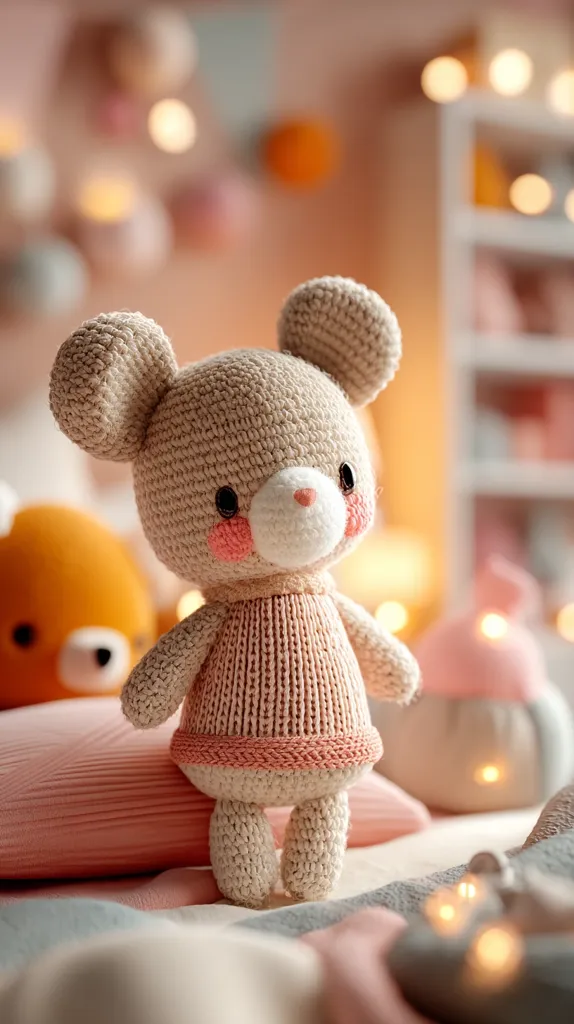 A crocheted amigurumi mouse sits on a bed.  It's light beige with rosy cheeks and wears a smaller pink dress.  The background is softly blurred, showing a pastel-colored nursery with fairy lights, suggesting a cozy and comforting atmosphere. The overall aesthetic is sweet and charming, ideal for a child's room.