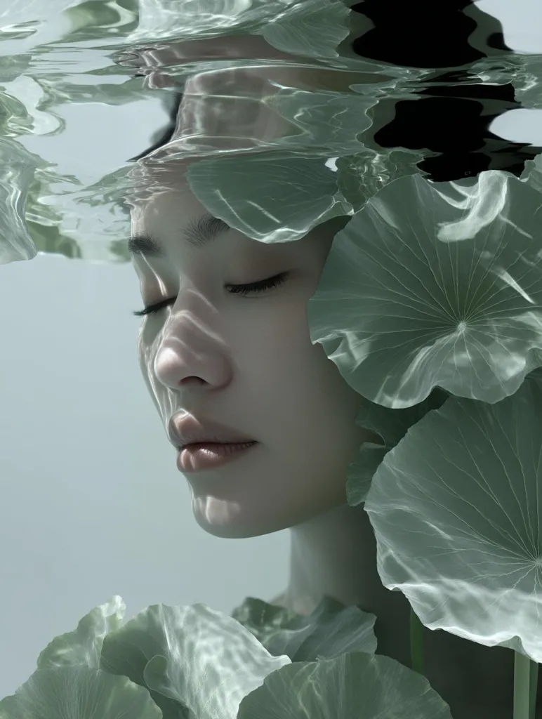 A serene underwater portrait of a woman's face, partially submerged and surrounded by large, translucent aquatic leaves.  Her eyes are closed, and her expression is peaceful. The image is soft-focus and predominantly in shades of green and muted teal, creating a tranquil and ethereal atmosphere.  The water's surface is subtly visible, distorting the scene.