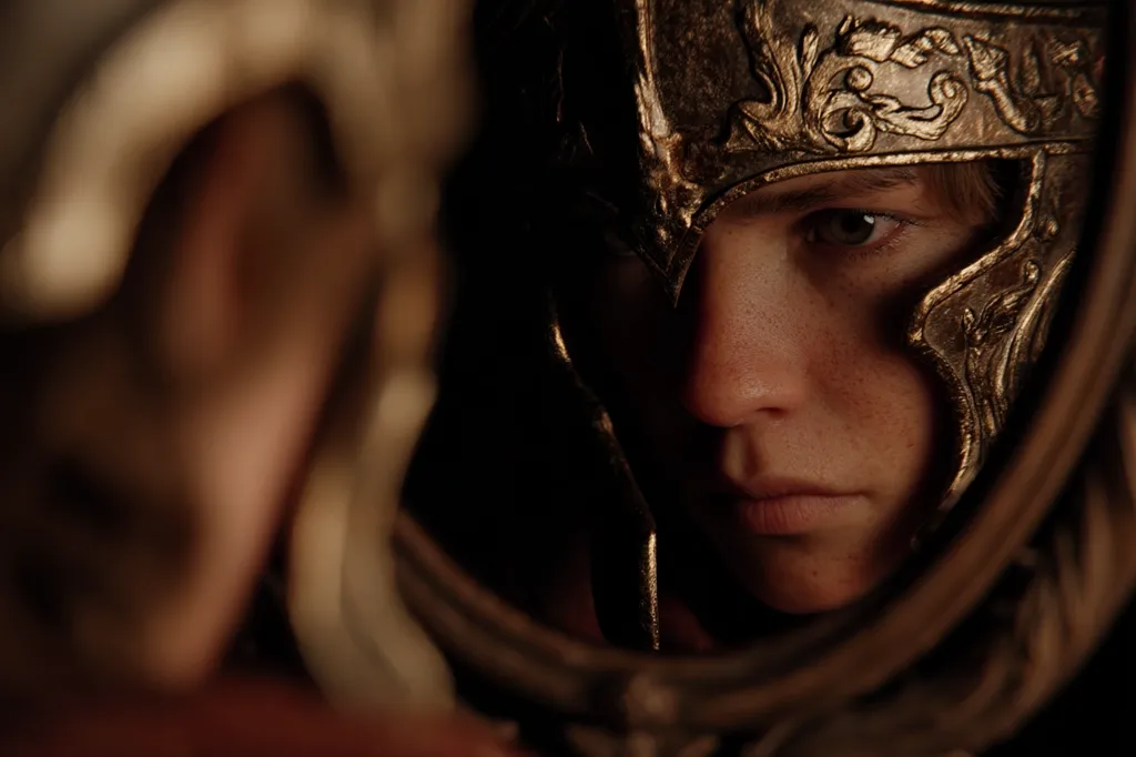 A close-up shot reveals a young person's face, partially obscured by an ornate, gold-colored helmet.  The helmet's intricate detailing contrasts with the subject's serious expression.  The lighting is dramatic, emphasizing the textures and shadows.  Another figure, out of focus, is visible in the background, suggesting a scene of confrontation or reflection. The overall mood is intense and mysterious.