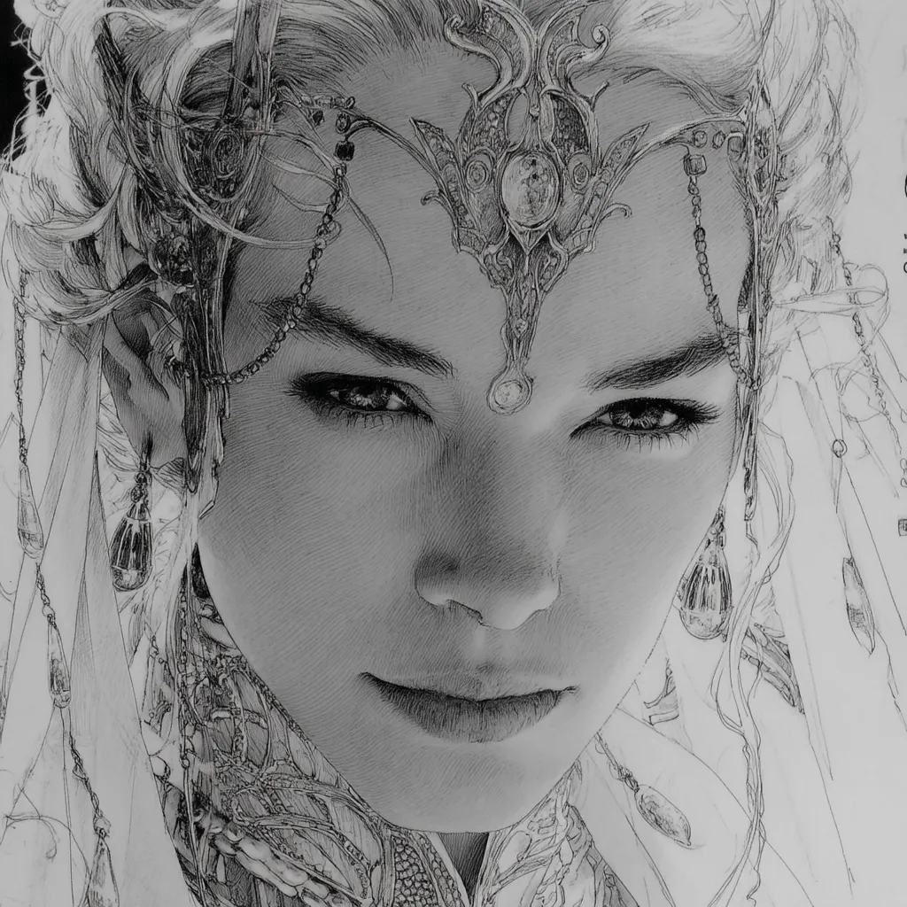 A stunning grayscale drawing depicts a woman with elven-like features, adorned in intricate headwear and jewelry.  Her expression is serious and captivating, her gaze intense.  The detailed artwork showcases a high level of skill, with meticulous shading and linework capturing the texture of her clothing and ornaments. The overall style suggests fantasy or high fantasy art.
