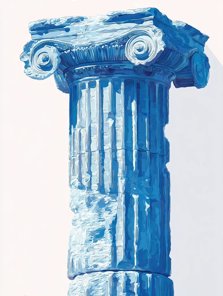 A stylized illustration depicts a weathered, pale-blue Ionic column against a white background.  The column's capital is intricately detailed, showing wear and damage.  The shaft is fluted, with visible erosion and damage along its length.  The overall style is painterly, with visible brushstrokes creating a textured effect.  The image evokes a sense of classical antiquity and the passage of time.