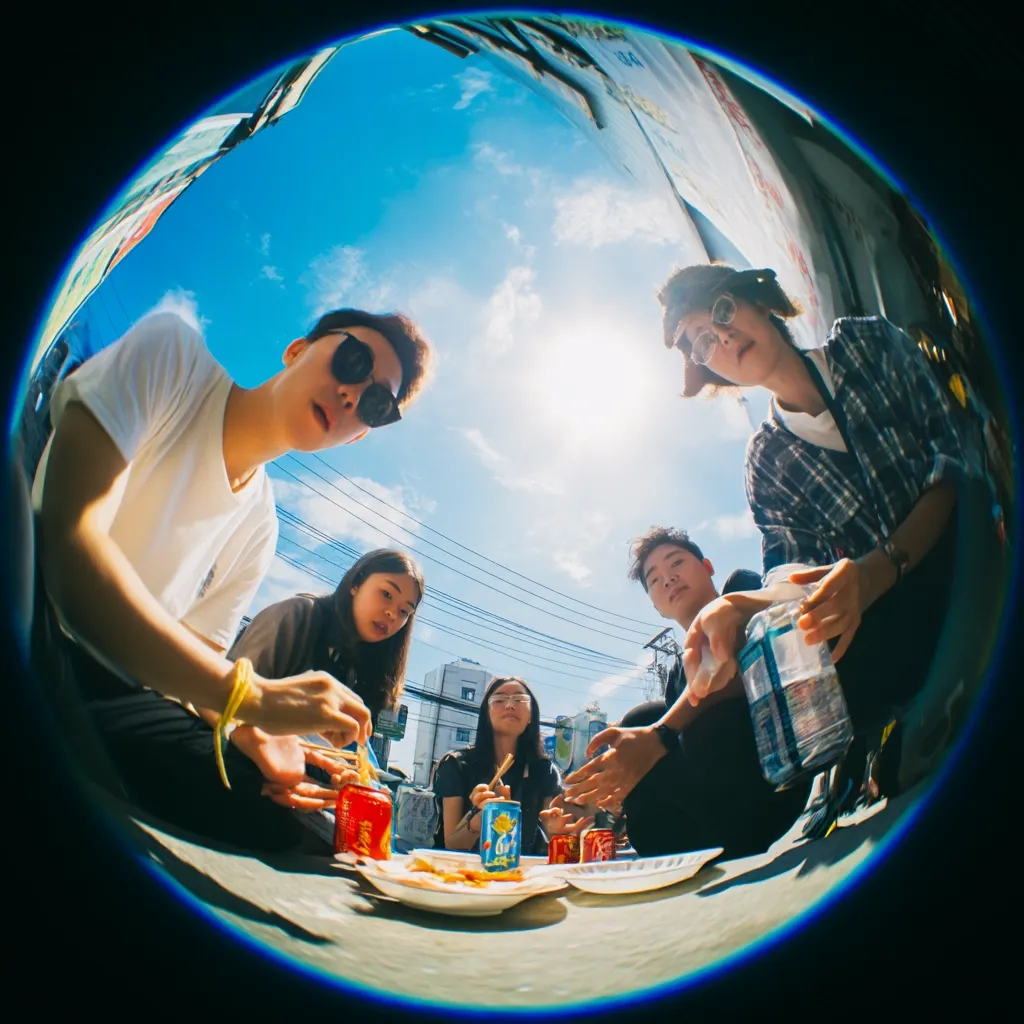 A fisheye lens captures four young adults enjoying a meal outdoors under a bright sunny sky.  They sit on the ground, sharing food and drinks.  The vibrant blue sky and the casual atmosphere create a cheerful scene.  Three are wearing sunglasses; one wears a hat. The image is playful and energetic.