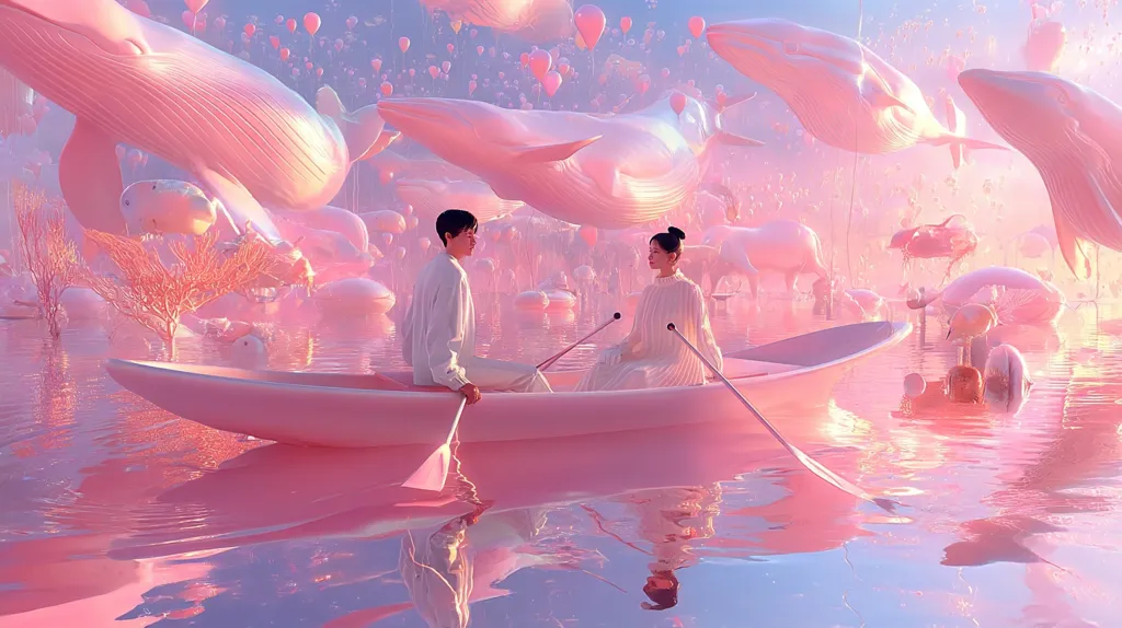 A romantic digital painting depicts a young couple serenely rowing a pink boat across a pastel pink lake.  Surrounding them are numerous pale pink whales and floating balloons in a dreamy, surreal landscape.  The overall aesthetic is soft, whimsical, and evokes a feeling of peaceful romance.  The scene is filled with a soft, ethereal light.