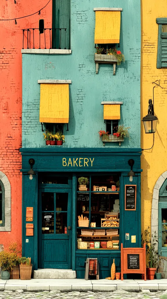 A charming teal bakery sits between coral and yellow buildings.  Its dark green storefront displays freshly baked bread and pastries.  Small window boxes with flowers adorn the colorful buildings.  A quaint, cobblestone street lies before the bakery, enhancing its picturesque appeal.  The scene is bright and cheerful, suggesting a warm and inviting atmosphere.