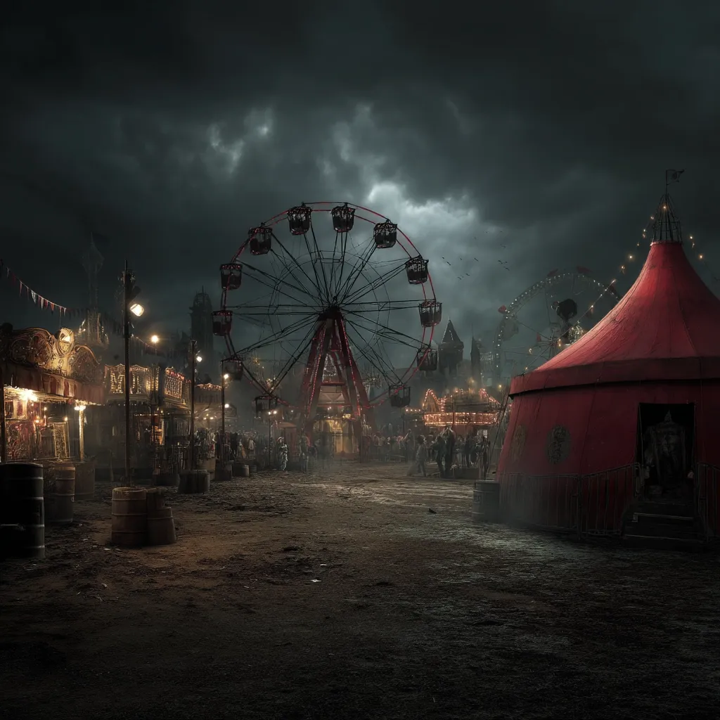 A desolate carnival scene under a stormy night sky. A large Ferris wheel dominates the center, surrounded by dimly lit stalls and a red, ominous tent.  The ground is muddy and deserted, except for a few scattered figures.  The overall atmosphere is dark, eerie, and suggestive of abandonment or a post-apocalyptic setting.