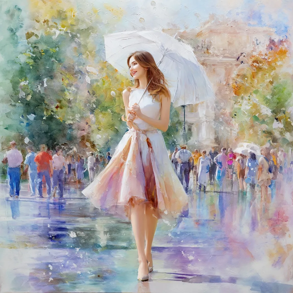 A watercolor painting depicts a young woman in a flowing pink dress, gracefully walking under a white umbrella on a rainy city street.  The background is a blurred impression of people strolling amidst lush greenery and grand architecture.  The scene is vibrant and romantic, with soft light and a dreamy atmosphere.  The artist's focus is on the woman, highlighting her elegance and poise.