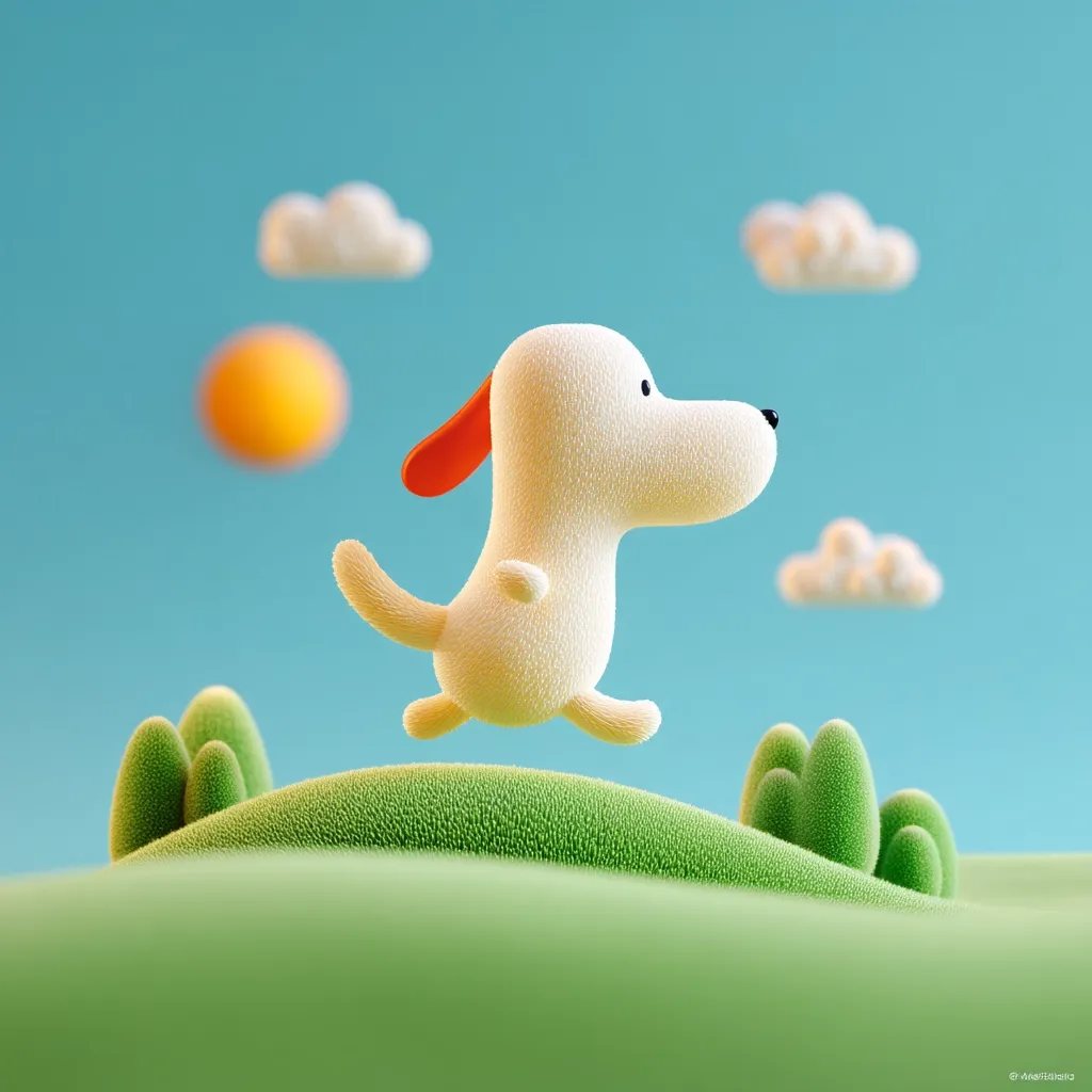 A fluffy, cartoonish white dog with orange ears leaps joyfully across a stylized green hill.  The background features a simple blue sky with fluffy white clouds and a blurred orange sun.  The scene is bright, cheerful, and evokes a sense of playful innocence. The dog's movement is dynamic against the calm backdrop.