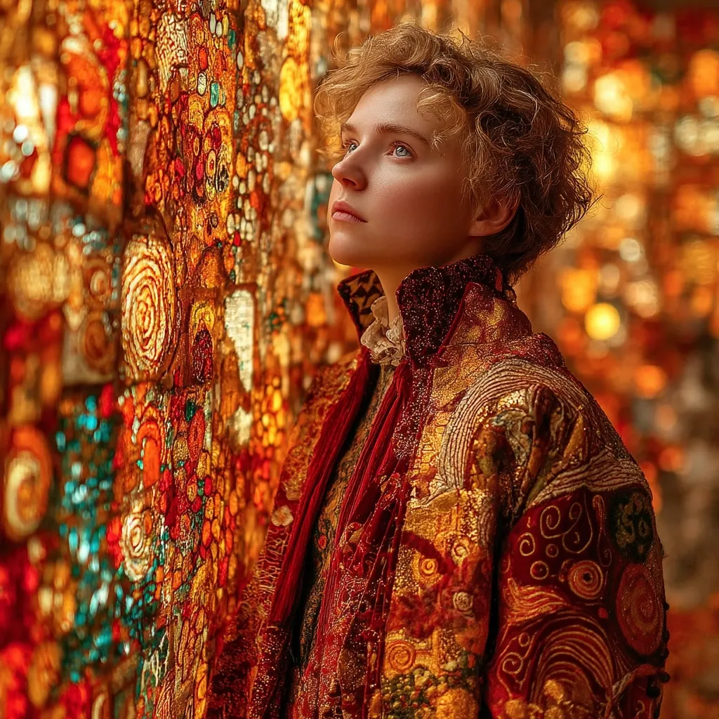 A young person with short, curly hair gazes upward, their face softly lit. They are adorned in a richly textured, ornate coat in shades of deep red and gold, embroidered with swirling patterns reminiscent of stained glass. The coat's intricate details and the warm, autumnal tones create a visually striking image against a backdrop of similarly hued, mosaic-like artwork.  The overall mood is one of pensive beauty and rich, autumnal elegance.