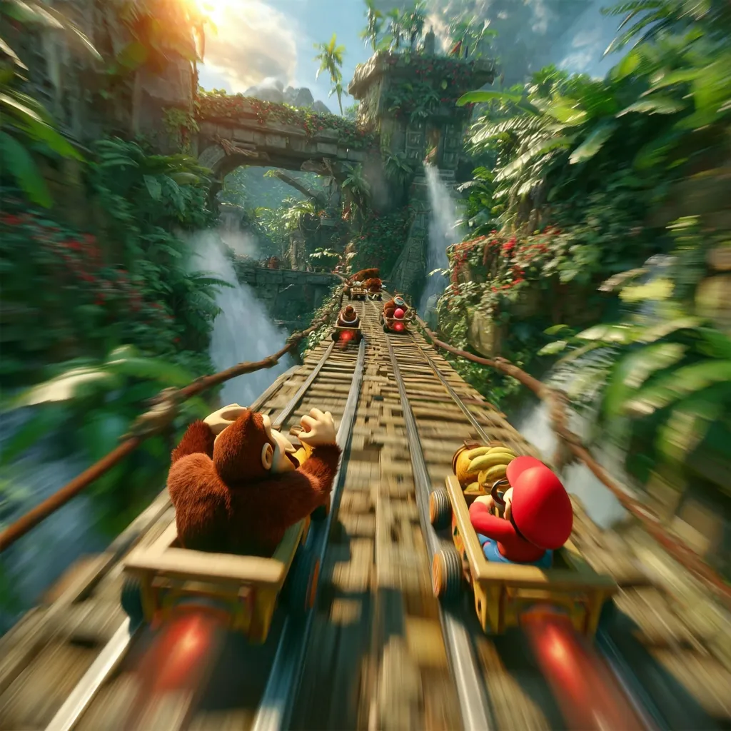 Donkey Kong and Mario, in their respective mine carts, speed down a jungle rollercoaster track.  Other racers are visible ahead, amidst lush vegetation, waterfalls, and crumbling ancient ruins. The sun shines brightly, illuminating the vibrant scene as the carts blur with motion.  The overall impression is one of exhilarating speed and tropical adventure.