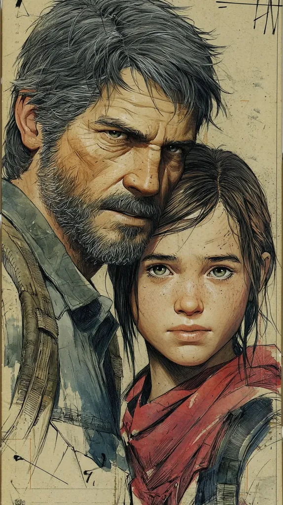 A stylized portrait showcases Joel, a grizzled, weathered man with a thick beard, and Ellie, a young girl with a determined gaze.  Joel's protective posture suggests a close bond.  The watercolor-esque style and muted palette create a melancholic yet powerful image, hinting at a shared journey of hardship and resilience.  The background's textured parchment adds to the vintage feel.