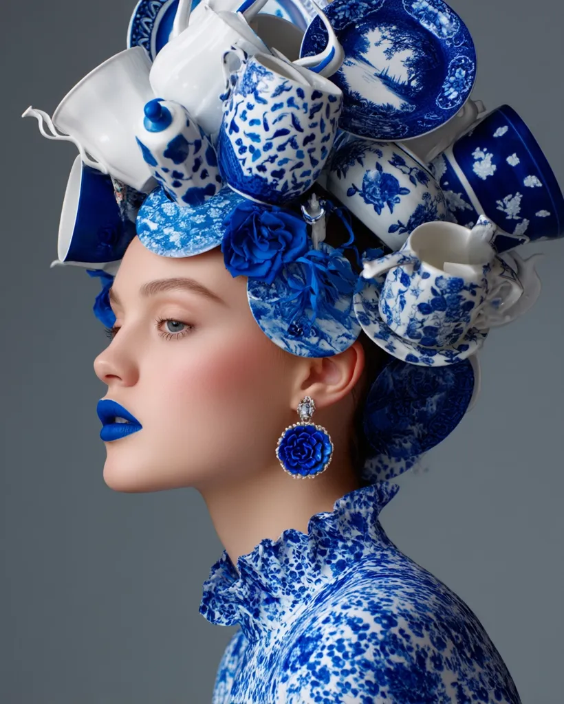 A woman with bright blue lipstick wears a headpiece crafted from blue and white porcelain teacups, saucers, and teapots.  Blue flowers adorn the base of the headpiece. She is wearing a matching blue and white patterned dress and matching blue earrings. The overall effect is one of striking, whimsical elegance.