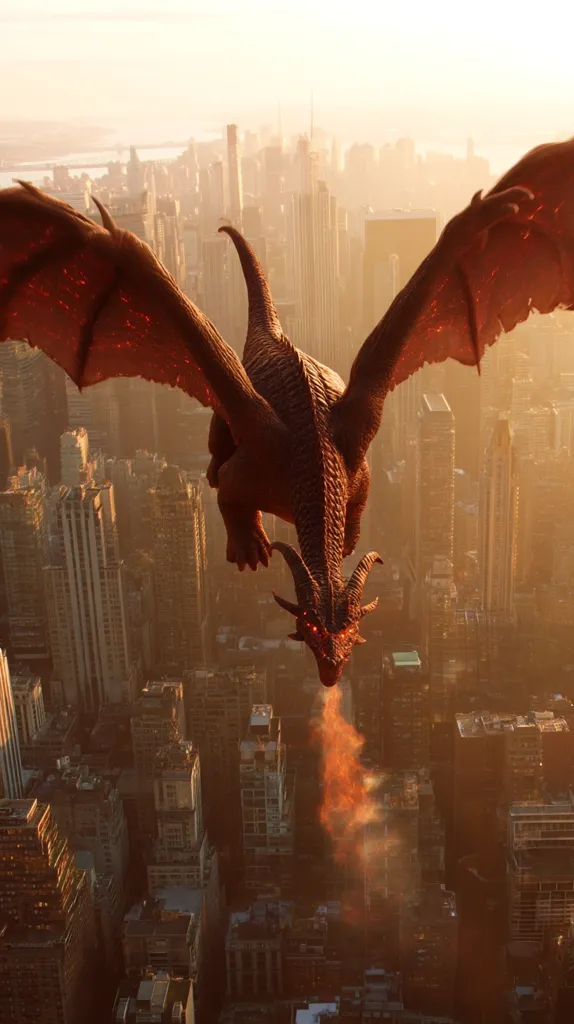 A fiery red dragon, with massive wings spread wide, soars over a sprawling cityscape at sunset.  The dragon's breath, a stream of fire and smoke, trails downwards towards the buildings below. The city's tall skyscrapers are bathed in the warm glow of the setting sun, creating a dramatic and fantastical scene. The image evokes a sense of both wonder and potential destruction.
