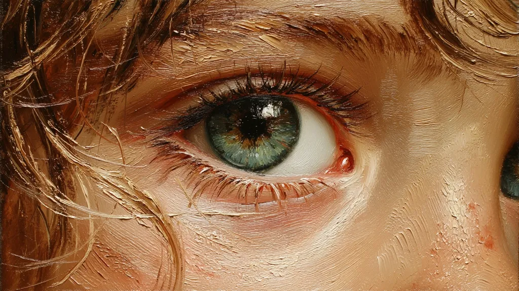 A close-up oil painting depicts a person's eye, showcasing exceptional detail and texture.  The brushstrokes are visible, adding to the impasto effect.  The eye is a striking teal, framed by long lashes and skin rendered with warm, golden tones.  Loose strands of light brown hair are visible at the edge of the frame.  The overall impression is one of realism and artistic skill.