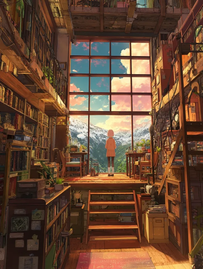 A girl stands before a large window in a cozy, book-filled room.  The window reveals a breathtaking view of snow-capped mountains and a verdant valley bathed in the warm light of sunset.  The room is overflowing with bookshelves, filled with countless volumes, creating a charmingly cluttered atmosphere.  Wooden stairs lead to an upper level, adding to the rustic charm of the space.