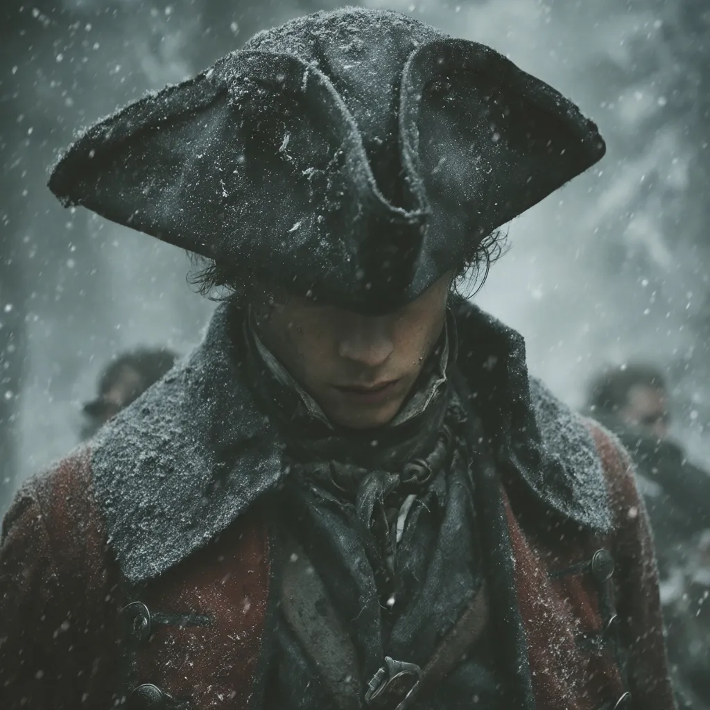 A young man, his face partially obscured by a snow-covered tricorn hat, stands amidst a blizzard.  He wears a red-trimmed, dark coat, heavily dusted with snow. His expression is serious and contemplative. The background is blurred, showing other figures in similar attire, suggesting a historical or period setting, possibly a military or colonial scene. The overall atmosphere is somber and cold.