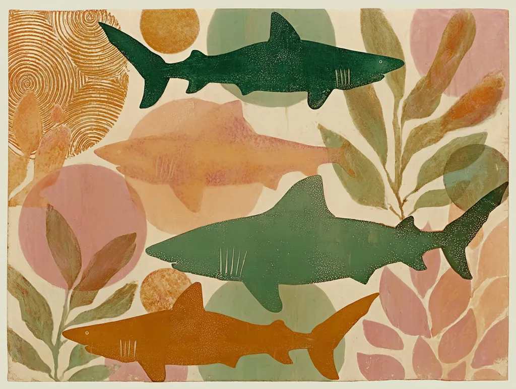 A stylized artwork depicts four sharks in varying earth tones against a backdrop of abstract floral motifs and circular shapes.  The sharks, rendered in shades of green, orange, and peach, are positioned amidst muted pink and beige elements, creating a serene and somewhat whimsical underwater scene. The style suggests a printmaking technique, with visible texture and layering in the colors.