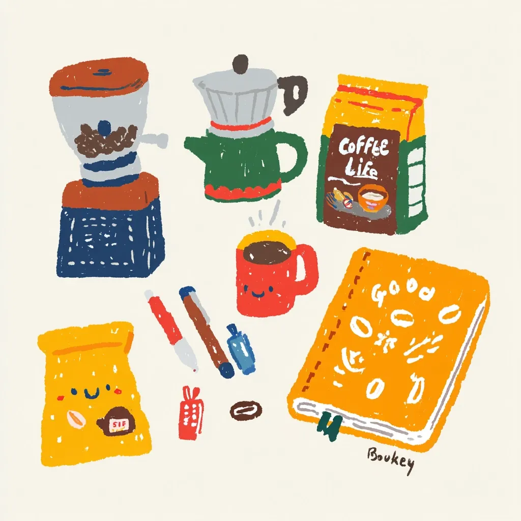 A cheerful illustration depicts a coffee-themed scene.  A coffee grinder, a pour-over coffee maker, a bag of coffee, and a mug of coffee are shown alongside a yellow notebook inscribed with "Good," pens, a snack bag, and a small gift.  The style is childlike and whimsical, with cartoonish details and bold colors.  The overall mood is bright and positive.