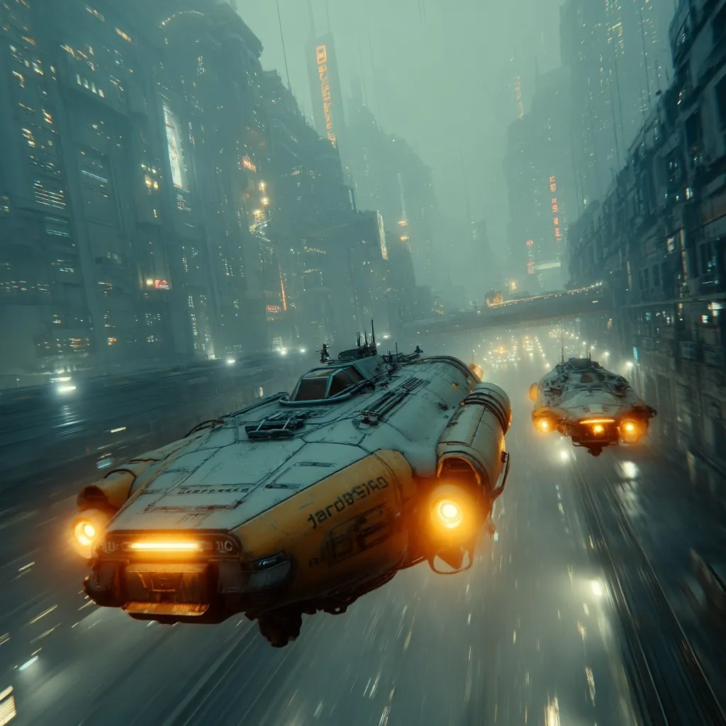 Two futuristic vehicles, one larger and predominantly off-white with yellow accents, the other smaller and lighter in color, fly along a raised roadway.  The vehicles have glowing amber lights. They navigate a dense, futuristic cityscape shrouded in mist or fog, with tall, dark buildings lining either side of the roadway.  The overall atmosphere is dark, moody, and suggestive of a cyberpunk setting.