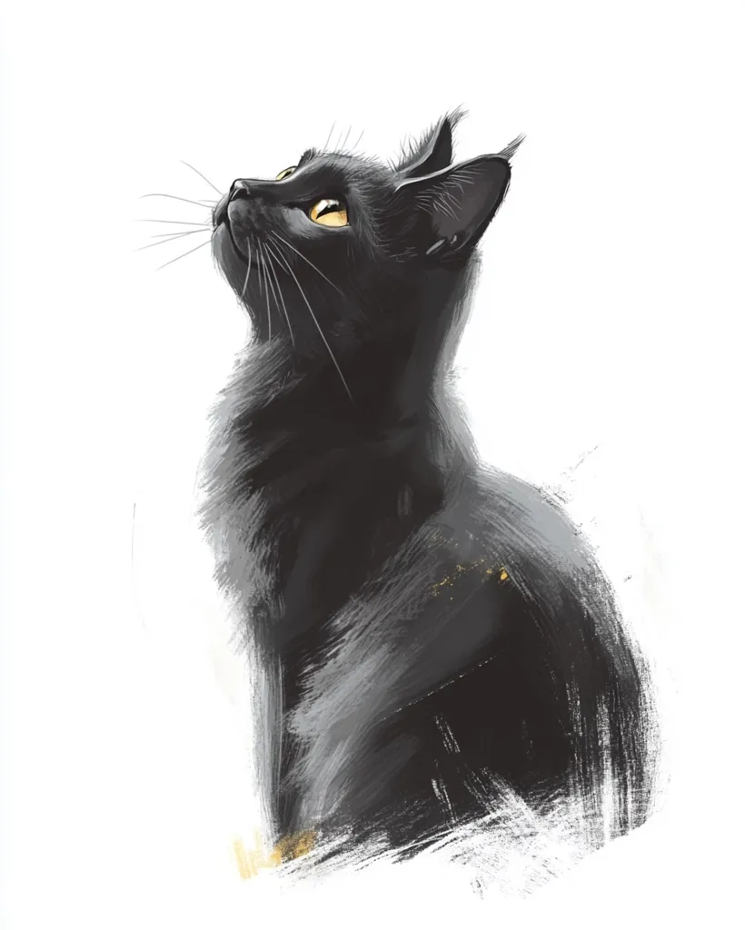 A stylized painting of a black cat, rendered with loose brushstrokes.  The cat is depicted in profile, gazing upward with bright yellow eyes.  Its fur appears dark and slightly textured, against a stark white background. The overall effect is elegant and slightly abstract.