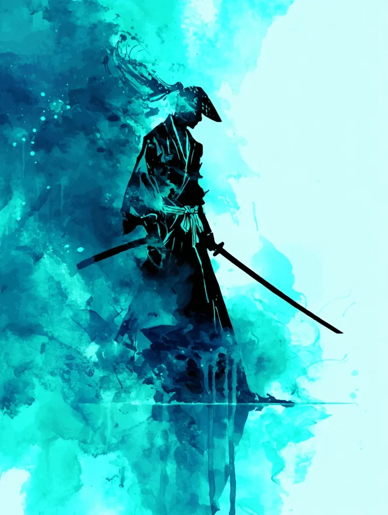 A stylized watercolor painting depicts a lone samurai, silhouetted in dark blue against a vibrant turquoise and white backdrop.  The samurai, wearing traditional garb and a hat, holds a katana.  The figure is partially obscured by the abstract watercolor washes, giving a sense of mystery and movement. The overall effect is both serene and powerful, evoking a feeling of quiet contemplation and strength.