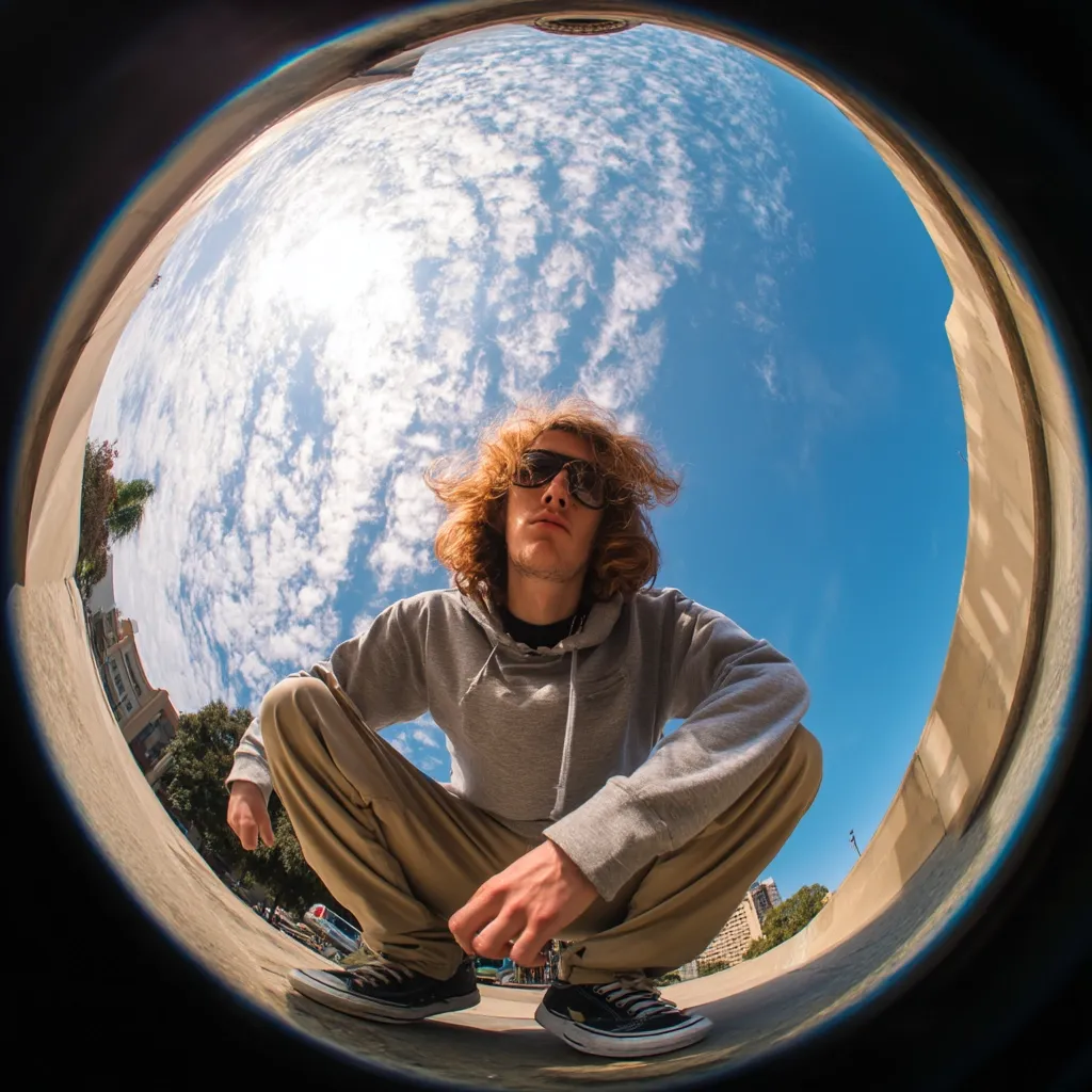 A young man with long, reddish-brown hair and sunglasses squats in a fisheye lens perspective.  He wears a grey hoodie and khaki pants, his pose relaxed against a bright, partly cloudy sky. The background shows a cityscape and a curved concrete structure. The image is distorted by the extreme wide-angle lens, creating a dramatic, circular composition.