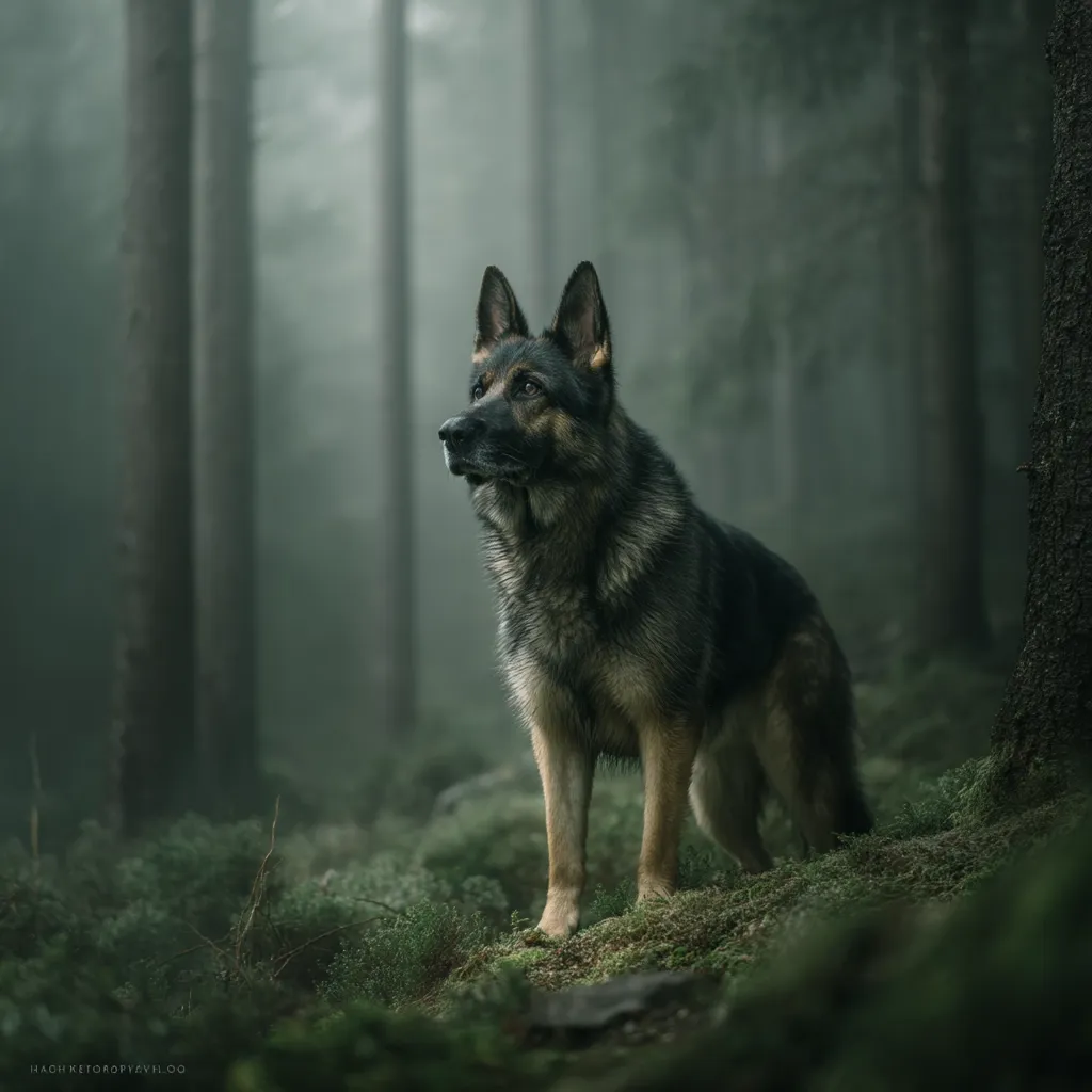 A German Shepherd dog stands majestically in a misty forest.  The dog is alert, gazing towards the left, its fur a blend of dark gray and tan.  The atmosphere is serene and mysterious, with tall trees and a mossy undergrowth surrounding the canine.  The fog adds depth and a sense of quiet solitude to the scene.