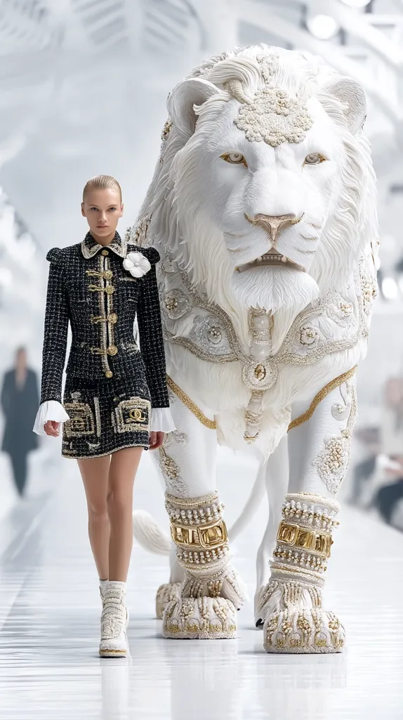 A fashion model walks confidently down a runway, showcasing a chic black and gold tweed suit.  Behind her, a majestic, ornate white lion statue stands, its body and paws adorned with pearls and gold embellishments. The stark white background and the model's elegant attire create a striking contrast with the opulent details of the lion sculpture. The overall image is one of sophisticated luxury and bold design.