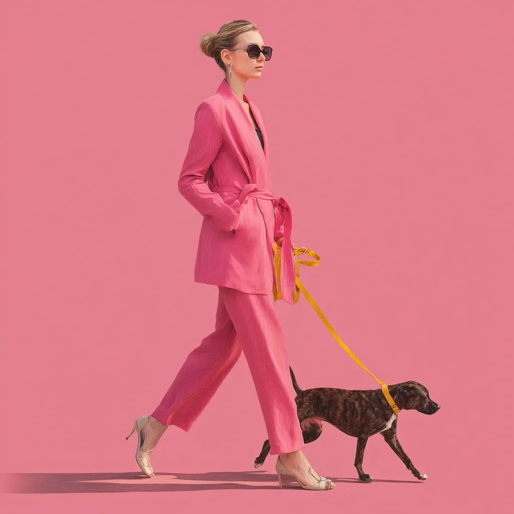 A stylish woman in a vibrant pink pantsuit walks confidently against a matching pink background.  She wears sunglasses and heels, holding a yellow leash attached to a small, dark-colored dog. The image is clean, modern, and conveys a sense of sophistication and effortless chic.  The bold color palette creates a striking visual impact.