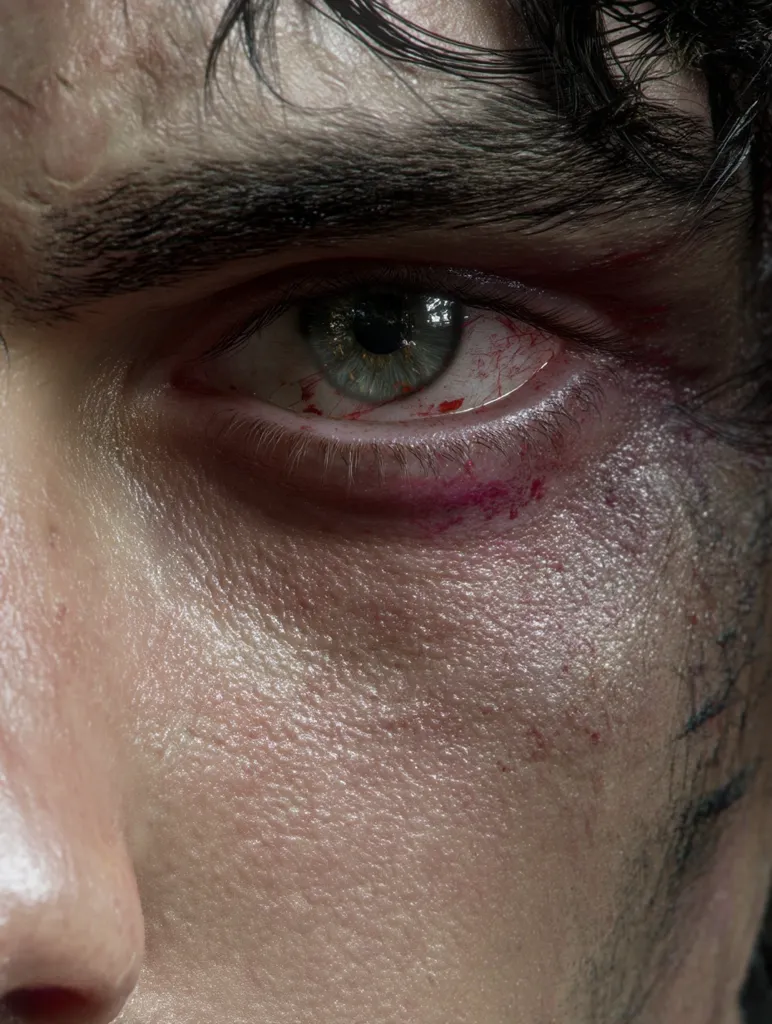 A close-up shot reveals a man's eye, partially obscured by dark hair.  The eye is striking, with a light-colored iris and noticeable blood streaks around it, suggesting a recent injury.  The skin surrounding the eye shows signs of trauma, adding to the intense and slightly unsettling mood of the image. The texture of the skin is highly detailed.