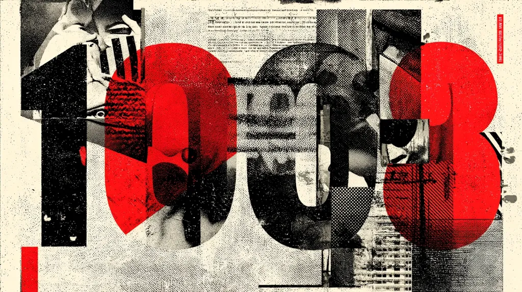A bold graphic design featuring the number 1983 in large, red, stylized numerals.  The numbers are overlaid with black and white photographic fragments, creating a collage effect.  The imagery suggests a vintage feel, possibly referencing news clippings or historical photographs from the year 1983.  The overall style is reminiscent of  postmodern or Dadaist art.