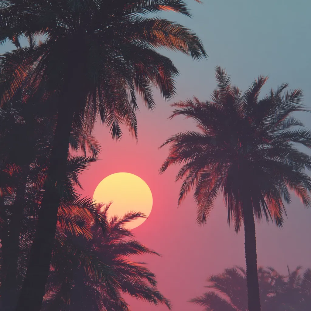 Silhouetted palm trees frame a large, vibrant orange-yellow sun setting against a hazy pink and purple sky.  The tropical scene evokes a feeling of warmth and tranquility, with the sun appearing almost oversized against the muted colors of the twilight sky.  The image has a stylized, almost dreamlike quality.