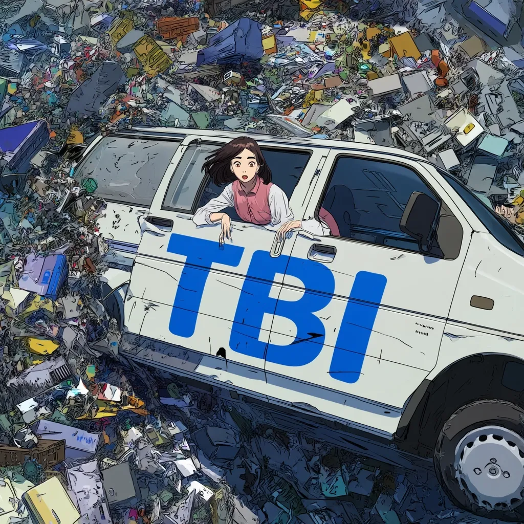 A young woman with dark hair peers out from the window of a white van, the side of which is emblazoned with large blue letters spelling "TBI". The van is partially submerged in a massive pile of discarded trash and debris, suggesting a scene of environmental neglect or possibly a post-apocalyptic setting. The artwork's style is reminiscent of anime or manga, with detailed linework and a focus on expressive characters.