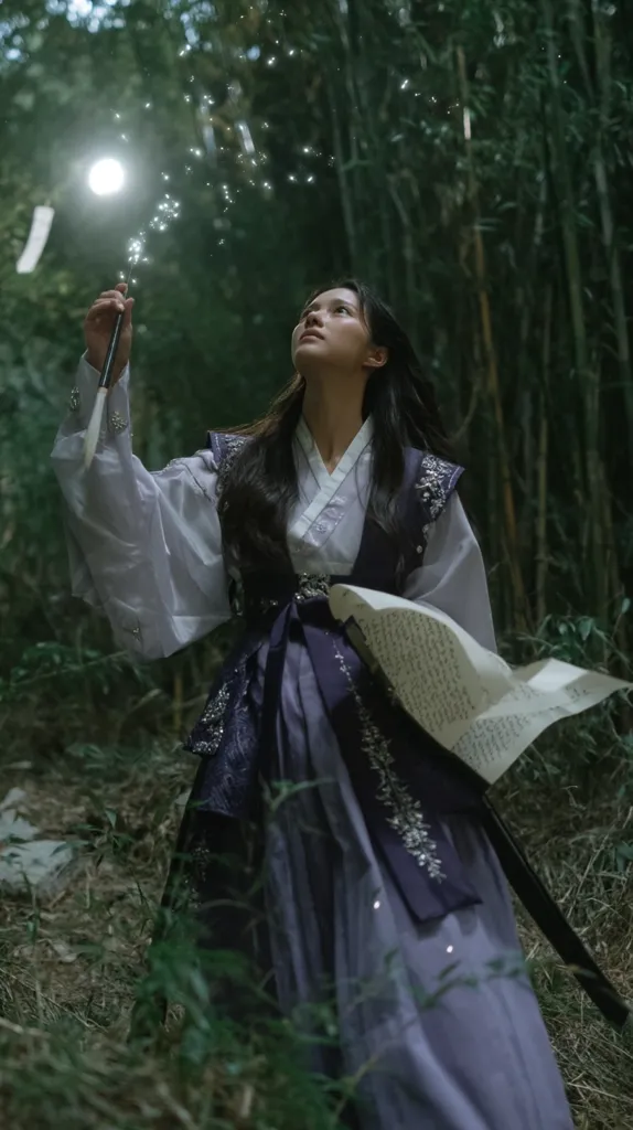 A young woman, dressed in a flowing lavender and dark purple Hanfu-style gown adorned with intricate embroidery, stands in a bamboo forest.  She holds a glowing wand, emitting shimmering particles, and a scroll, creating a mystical and ethereal scene.  Her long dark hair cascades down her back as she gazes upward, lost in contemplation or magic.  The overall mood is serene and otherworldly.