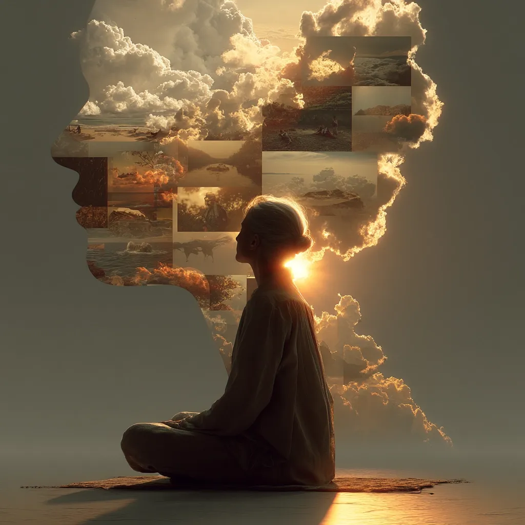 A woman sits in a meditative pose, silhouetted against a sunset.  Behind her, a translucent profile forms, filled with a collage of landscape images: beaches, mountains, and seascapes. The overall effect is serene and evokes introspection, suggesting memories or inner worlds reflected in the woman's contemplative state.  The warm tones of the sunset enhance the peaceful atmosphere.