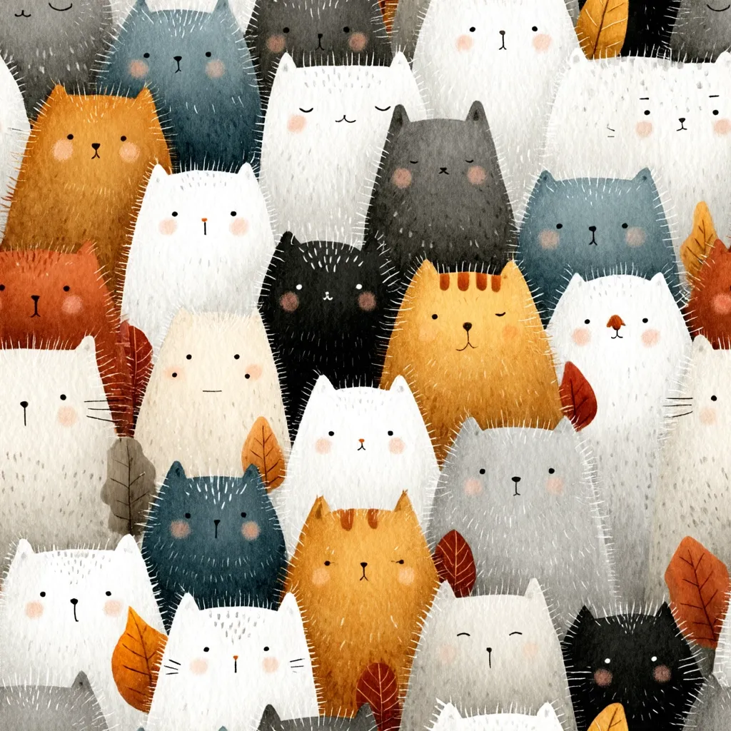 A charming illustration features a multitude of stylized cats in various colors, including white, grey, black, orange, and cream.  The cats are densely packed together, creating a playful and slightly chaotic arrangement.  Each cat has a simple, endearing design with minimal detail, and small autumn leaves are subtly scattered throughout the image. The overall style is soft and whimsical, evoking a sense of warmth and comfort.